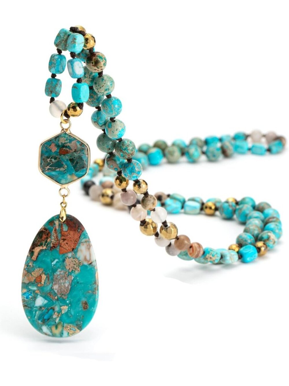 Boho Turquoise Agate Long Pendant Necklace - Handmade Natural Stone Jewelry Gift